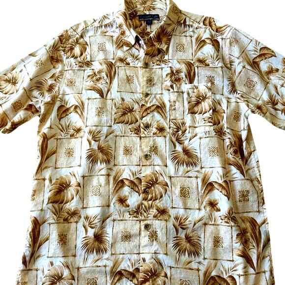 Mens Hawaiian XL SHIRT BROWN Tiki Floral Palm pocket Casual Life 100% Cotton - Picture 1 of 9